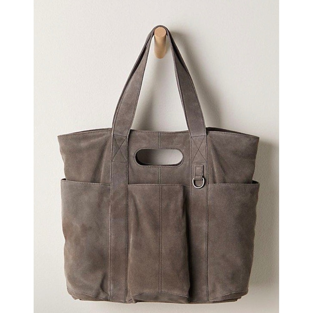 Anthropologie Charcoal Grey Suede Tote Bag Leather Cutout Handle Shoulder Bag